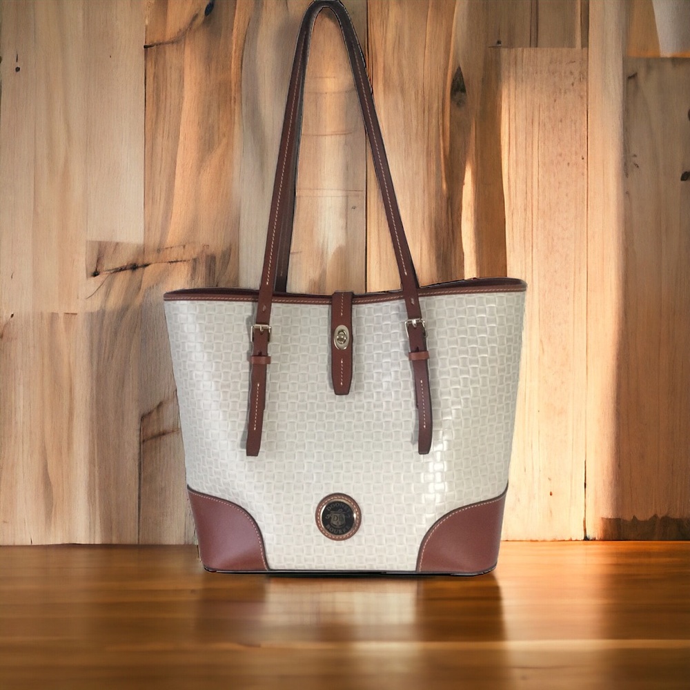 Dooney & Bourke Weave Tote Tan Leather Trim Logo Shoulder Bag